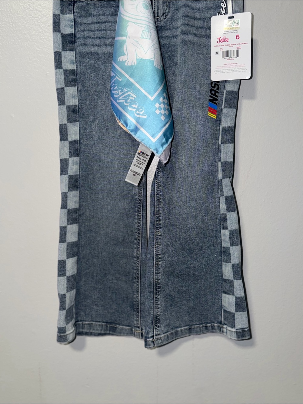 Justice Girls' Gray Checker-Trim Flare Denim Skirt with Blue Scarf Accent - Picture 2 of 6